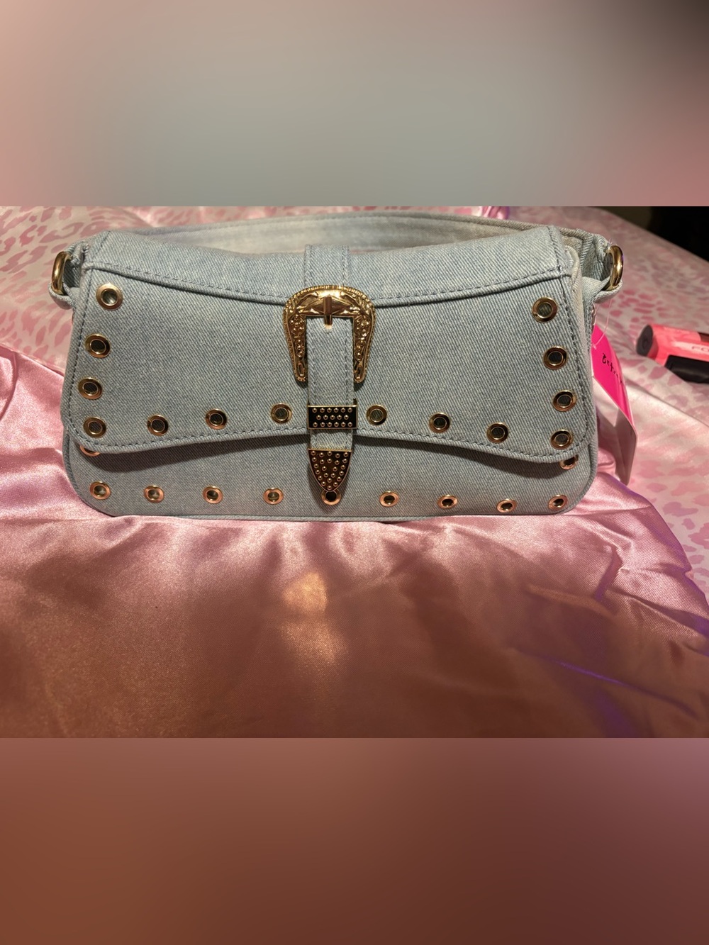 Betsey Johnson Light Blue Denim Shoulder Bag with Gold Buckle